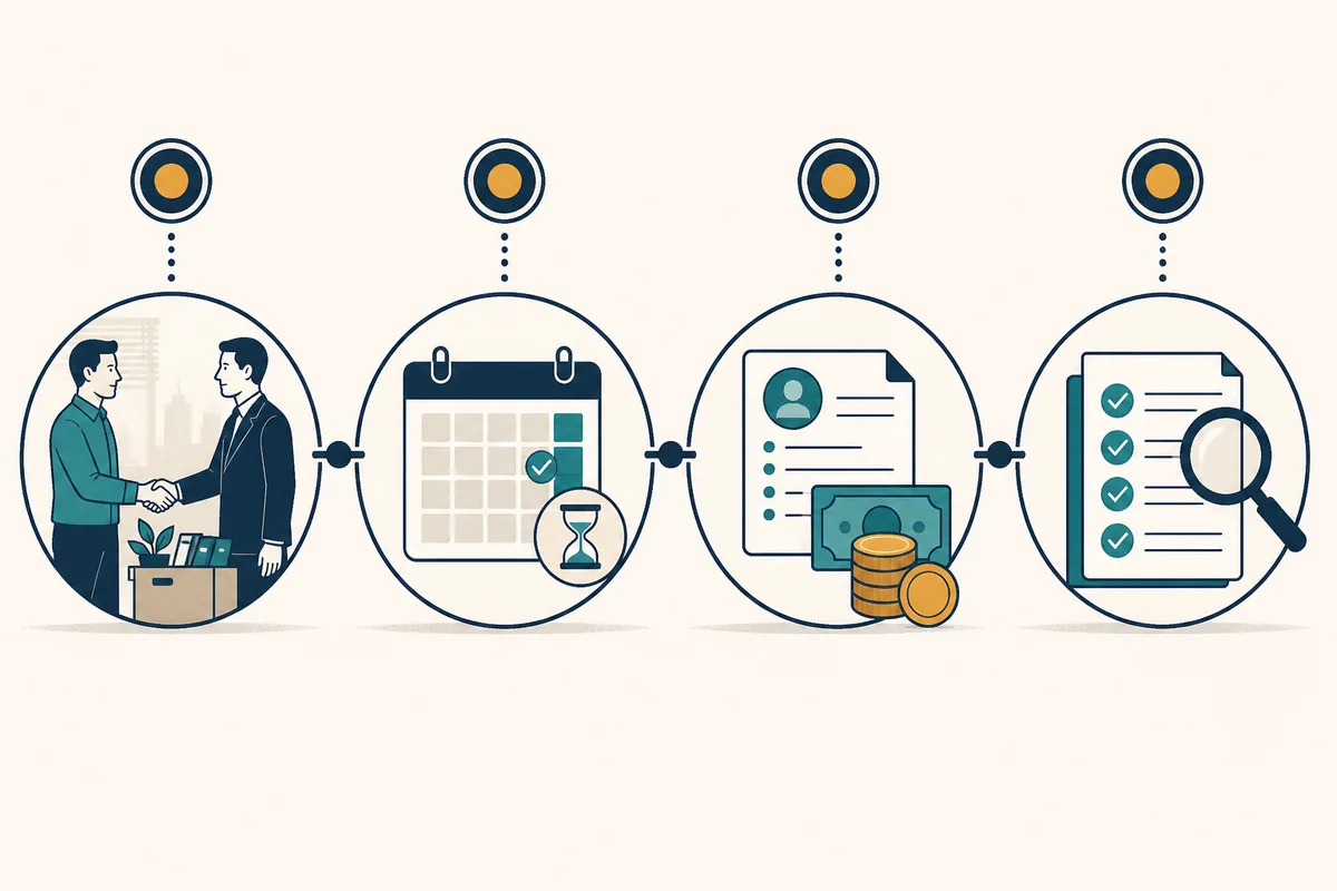 Linha do tempo editorial com encerramento do contrato, contagem de dias, base salarial e conferência do aviso indenizado