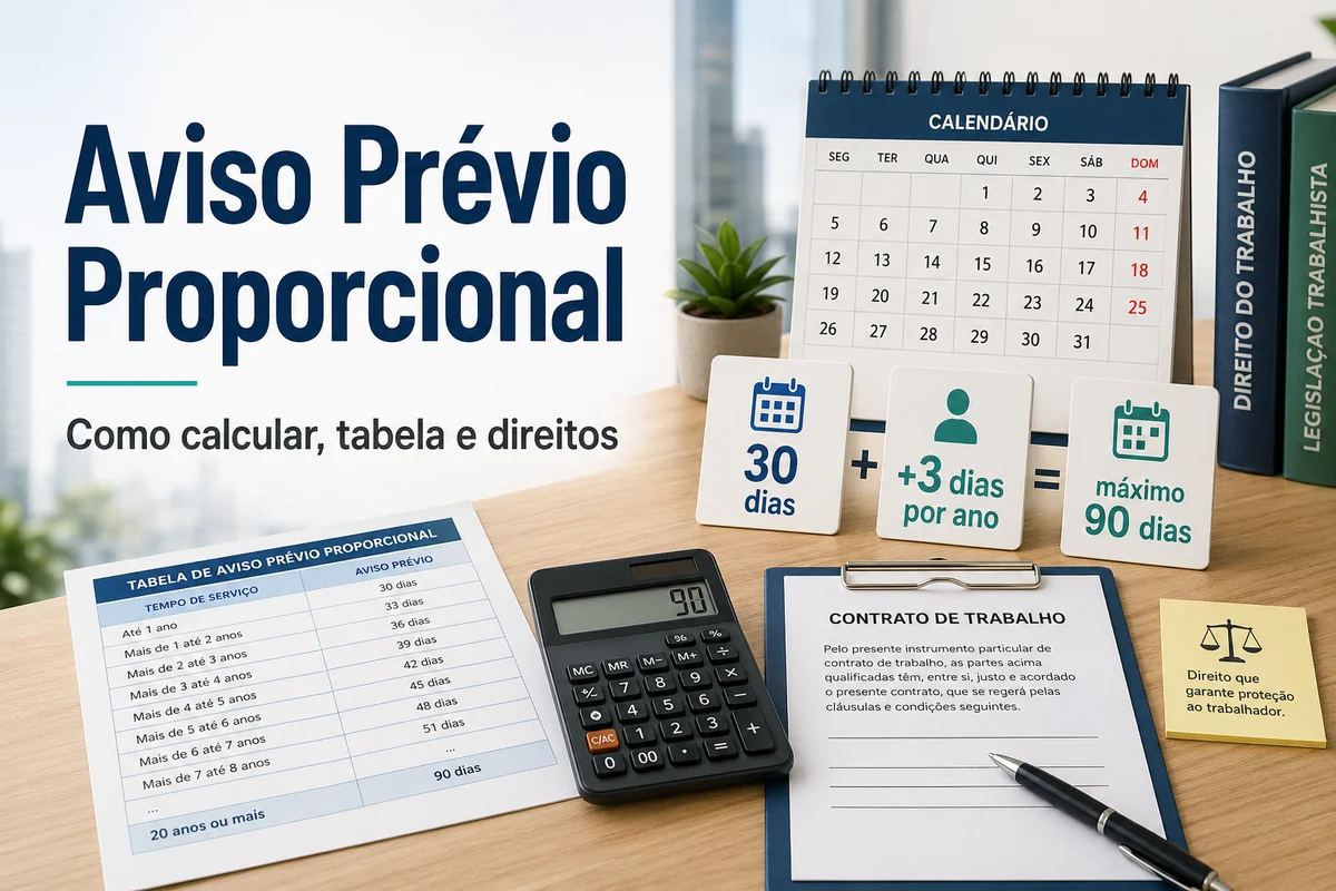 Aviso prévio proporcional com tabela de dias e cálculo por tempo de empresa