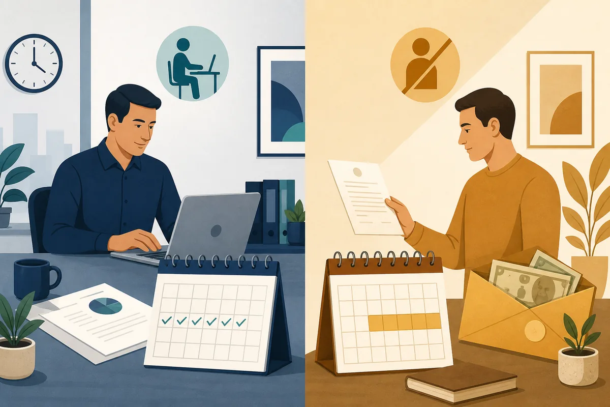 Comparação visual entre empregado trabalhando durante o aviso e recebimento do aviso prévio indenizado