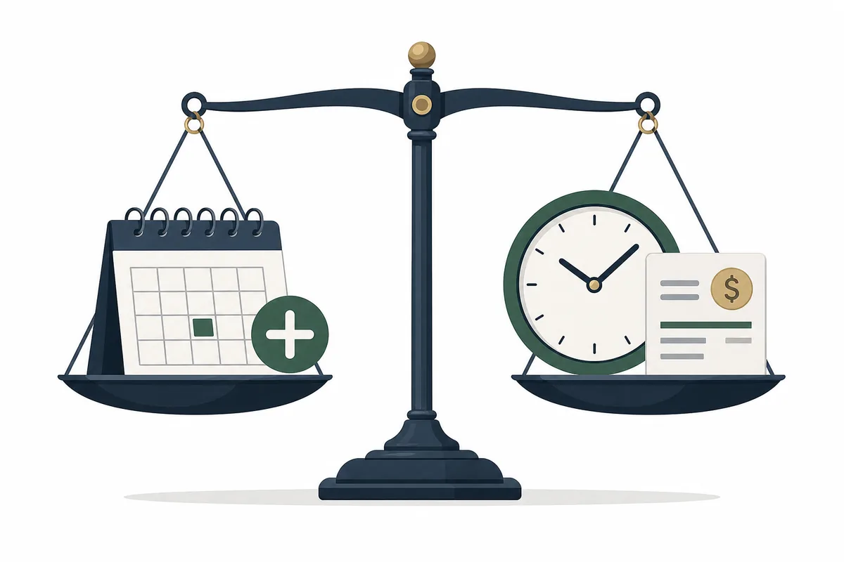 Ilustração editorial comparando folga no banco de horas e pagamento de hora extra