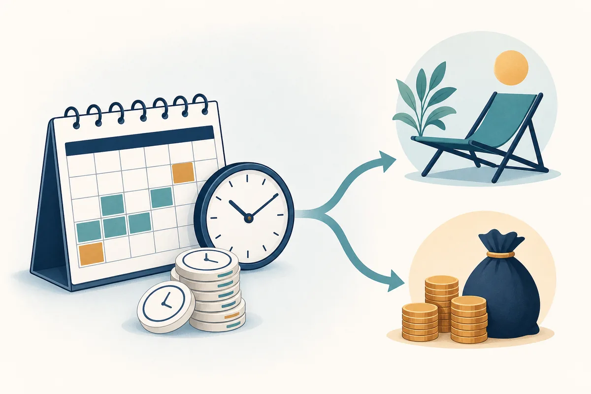 Calendário e relógio ilustrando o controle do banco de horas e suas opções de compensação