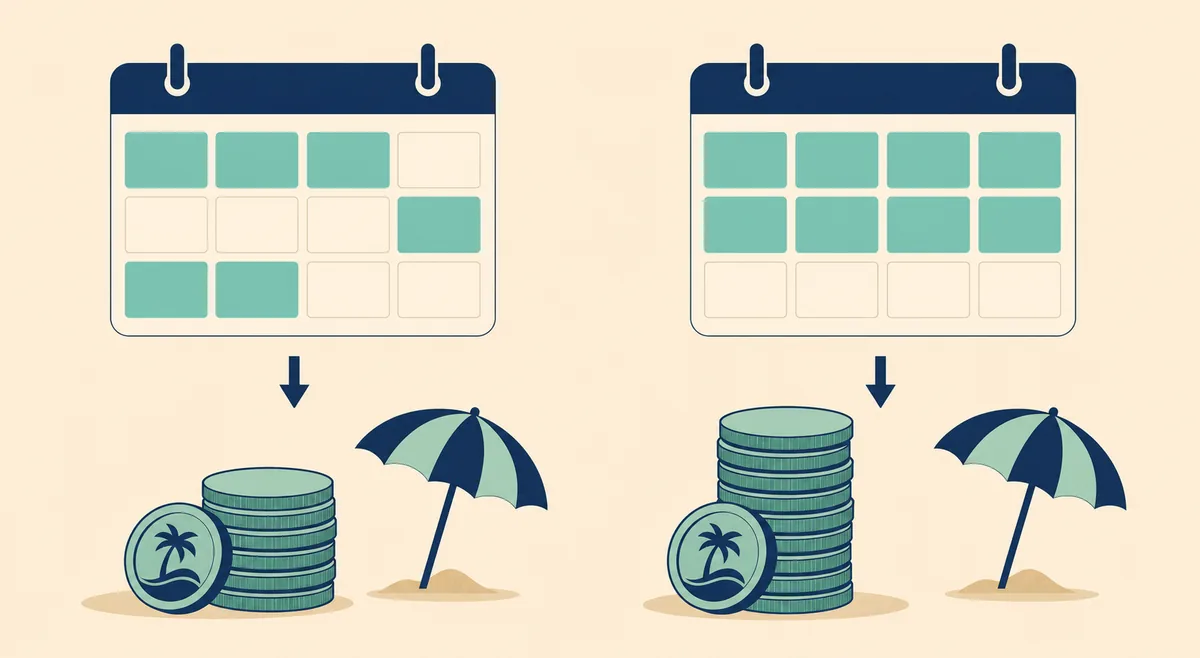 Comparação editorial de dois calendários com seis e oito meses destacados e valores proporcionais ilustrativos