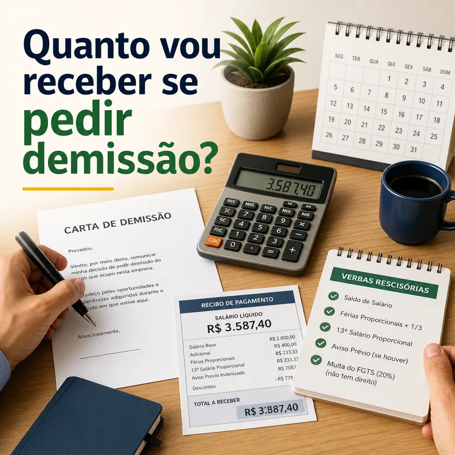 Trabalhador calculando quanto vai receber se pedir demissão com carta, calculadora e verbas rescisórias