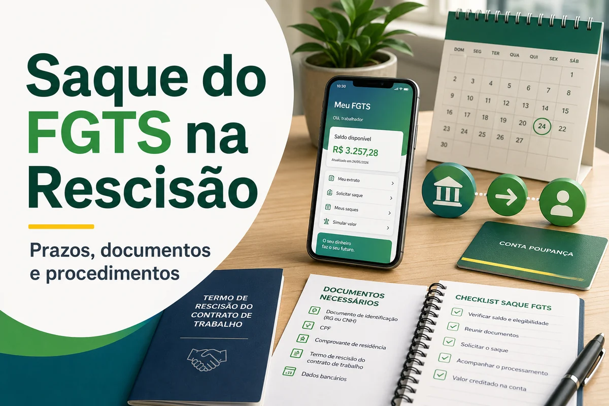Saque do FGTS na rescisão com documentos, app FGTS e prazos